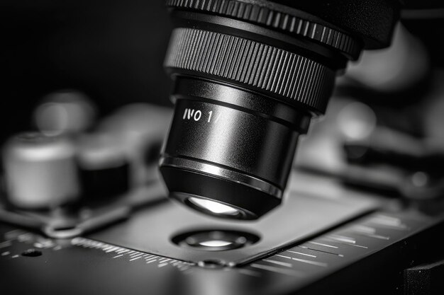 Photo closeup of a microscope lens with a stage below