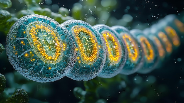 Photo closeup of a microscope view of intricate plant cell organelles including chloroplasts and mitochondria