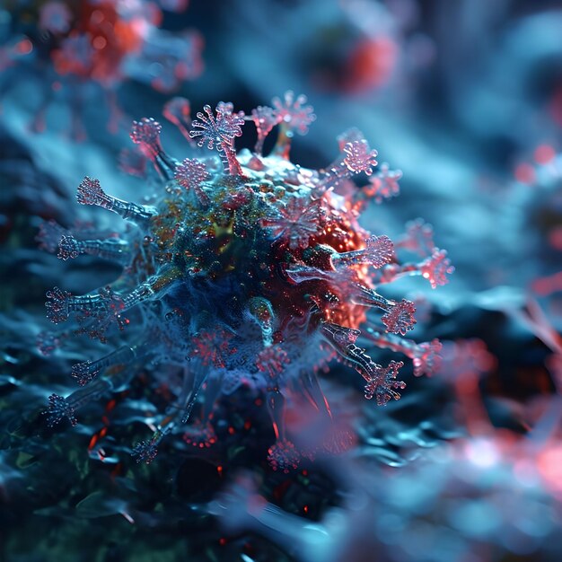 A closeup microscopic image of infectious Virus cells