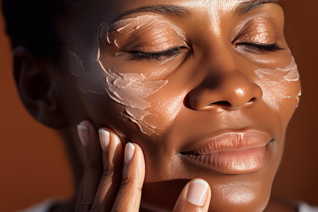 Closeup of middleaged African American woman touching her face to apply moisturizer Smiling face of adult colored lady with daily cream facial cosmetics Skin care Monochrome background