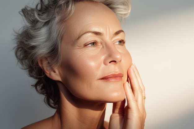 Closeup of middleaged caucasian woman touching her face to apply moisturizer smiling face of adult