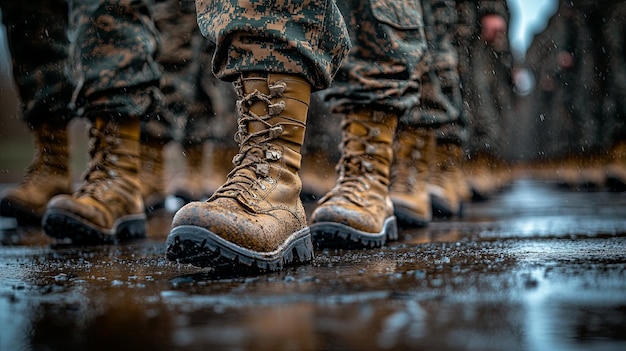 Closeup of Military Boots Walking on a Wet Surface