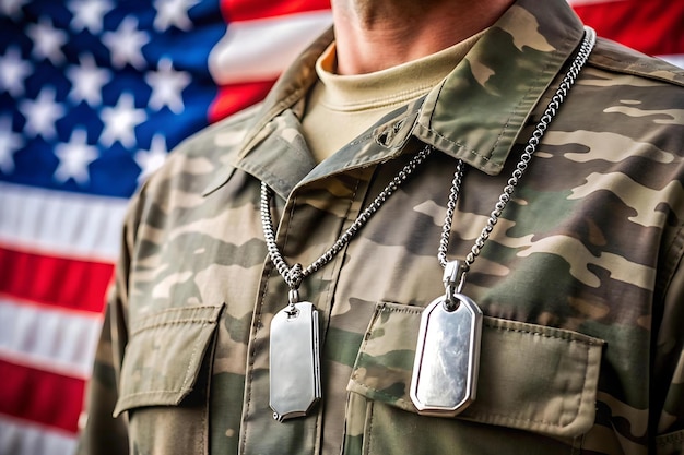 Photo a closeup of military dog tags hanging from a veterans neck