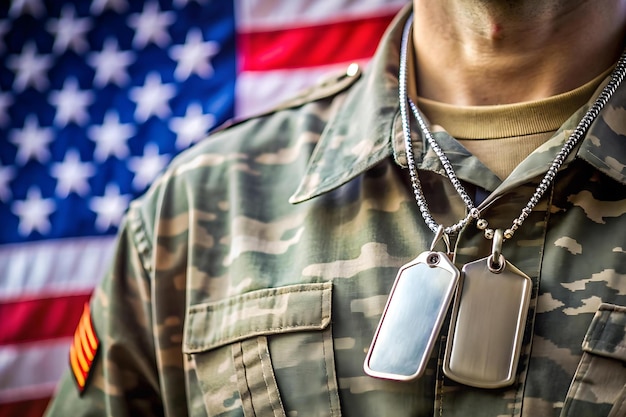 Photo a closeup of military dog tags hanging from a veterans neck