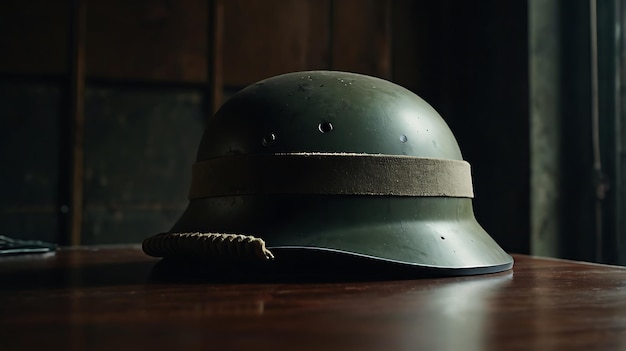 Photo closeup of military helmet on table focused view with detailed textures and surfaces