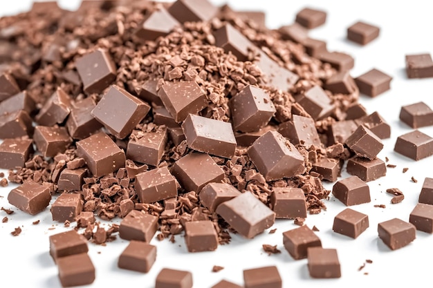 Closeup of Milk Chocolate Pieces and Shavings on White Background