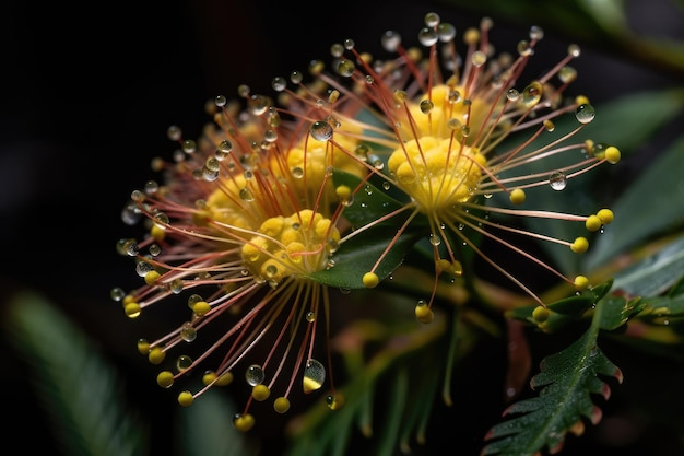 Closeup of mimosa flower bloom with dew drops on petals created with generative ai