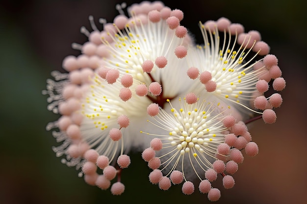 A closeup of a mimosa flower with its delicate white petals and pink centers created with generative