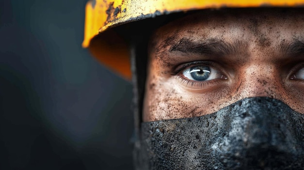 Closeup of a miners face helmet on dirty cheeks underground light