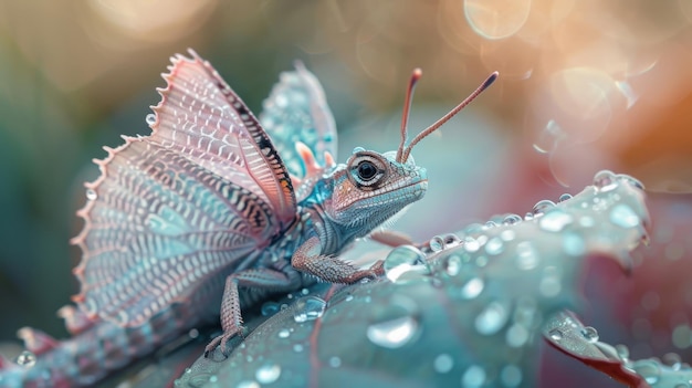 Photo closeup of a mini dragon with delicate butterfly wings resting on a dewy leaf intricate details