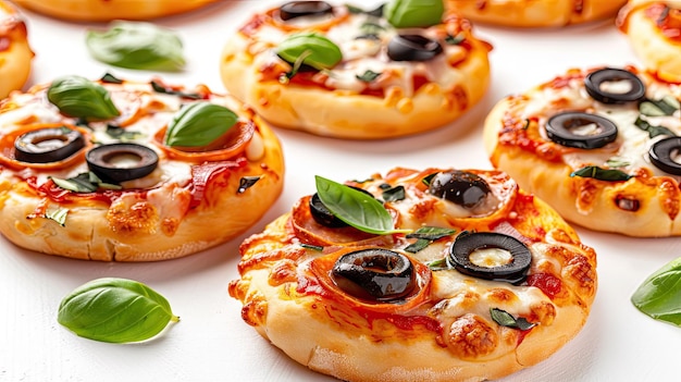 Closeup of mini pizza with mozzarella and olives on a clean white background