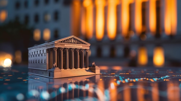 Closeup of a miniature classical building with columns set against a blurred illuminated background with warm tones