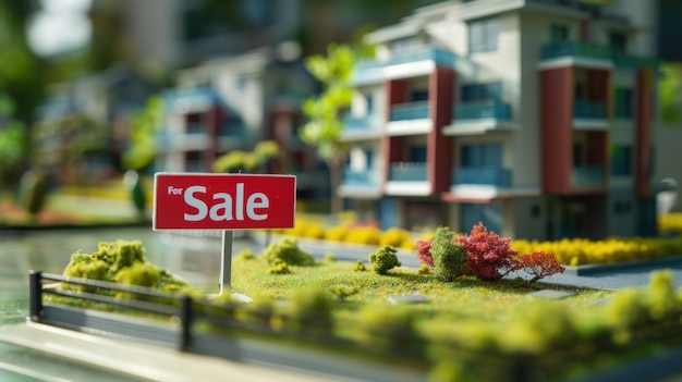 Closeup of a miniature modern condo building model with a For Sale sign in front representing