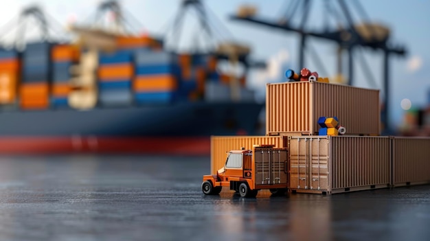 Photo closeup of miniature shipping containers and a vehicle with a blurred cargo ship and cranes in the background at a port