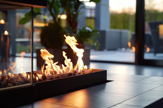 Closeup of minimalist bio fireplace with burning fire in living room