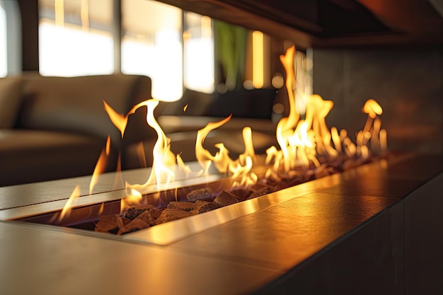 Closeup of minimalist bio fireplace with burning fire in living room