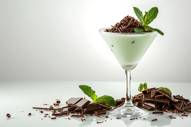 Closeup of a Mint Chocolate Martini with Chocolate Shavings and Mint Garnish