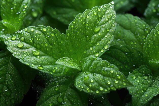 Closeup of mint leaves with water droplets created with generative ai