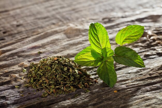 Closeup of mint on wooden table