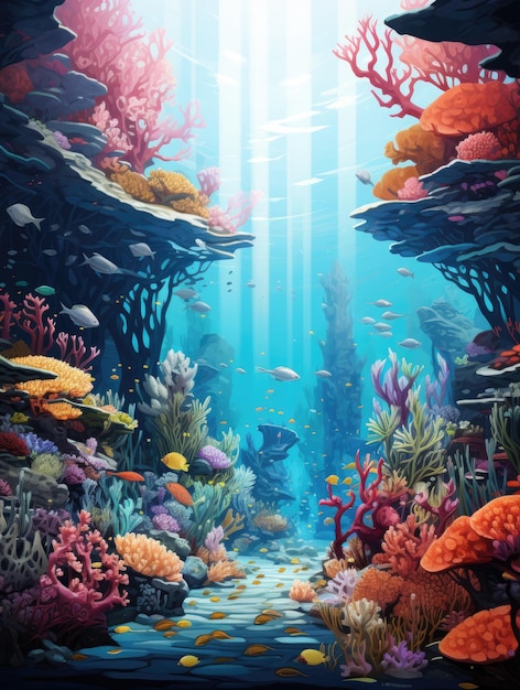 closeup a mix of marine creatures coral reefs and floating objects in a vibrant and otherworldly underwater setting