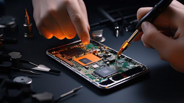 Closeup of a mobile phone repairman using a soldering iron Integrated circuit