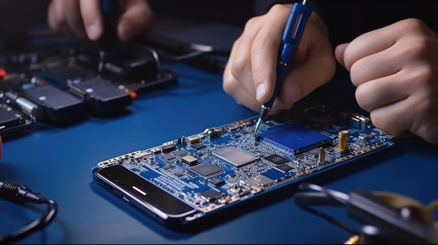 Closeup of a mobile phone repairman using a soldering iron Integrated circuit