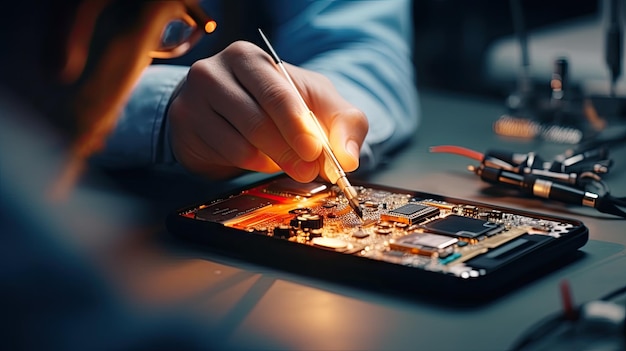 Closeup of a mobile phone repairman using a soldering iron Integrated circuit