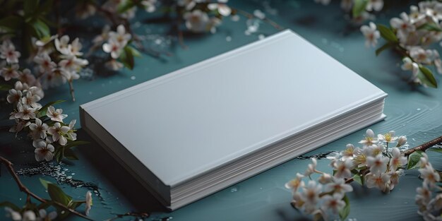 Photo closeup mockup of blank white hardcover book with blooming twigs and flowers on table concept book cover design spring concept nature inspiration product presentation creative layout