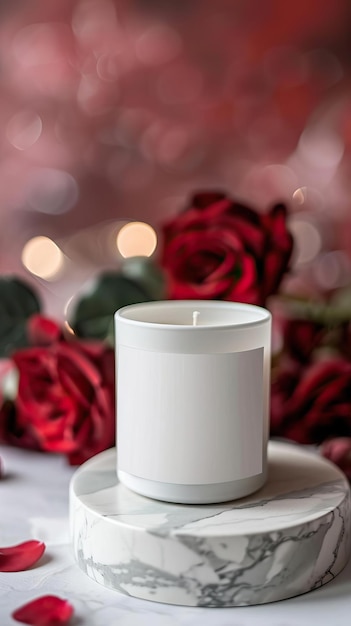 CLOSEUP Mockup white candle with wide blank white label template on a marble slab rich red tones rose flowers valentine theme bokeh background