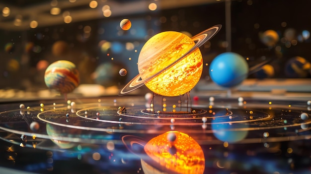 Photo a closeup of a model of the solar system with glowing planets and stars