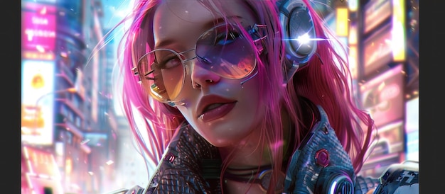 Closeup model of trendy night woman face with neon glow lights AI generated image