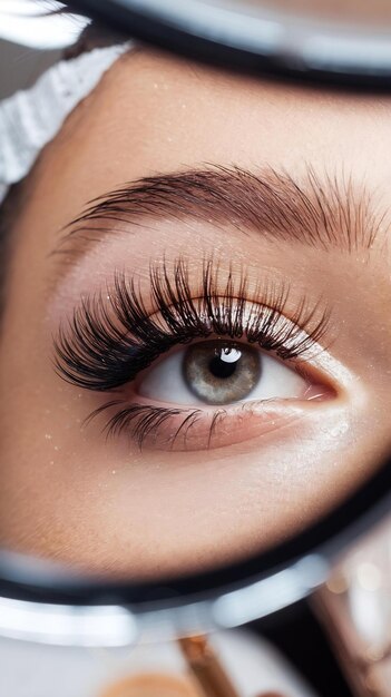 Closeup of models eye with laminated eyelashes after lamination procedure