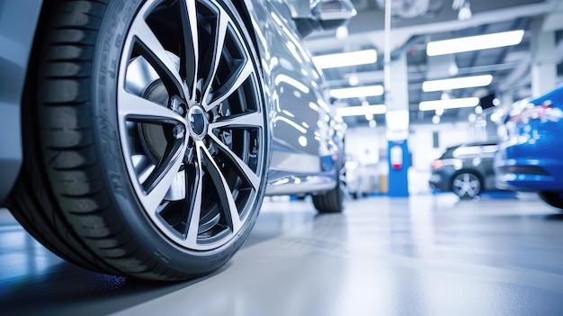 Closeup of a modern car wheel with an alloy wheel in a car service center