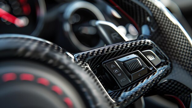 Photo closeup of a modern cars interior with carbon fiber steering wheel and controls