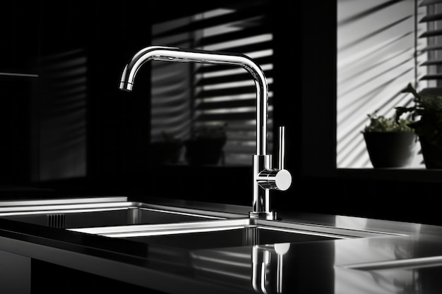 Closeup of modern chrome kitchen faucet acrylic stone countertop stainless steel builtin sink