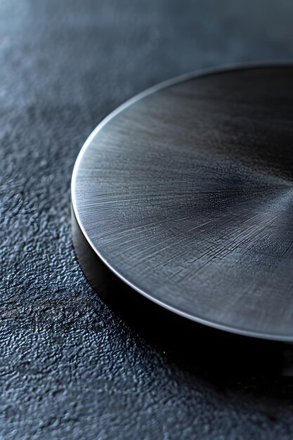 Photo closeup of a modern circular push button with sleek metallic texture and minimalistic design