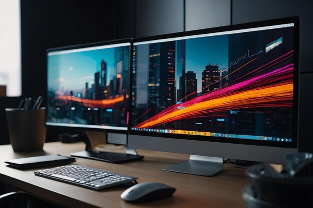 A closeup of a modern desktop setup with dual monitors