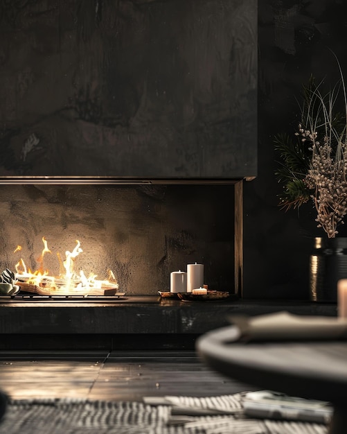 Closeup of a modern fireplace with smooth stones and flames dark cozy ambiance