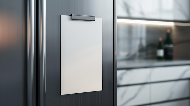 A closeup of a modern fridge door with a sleek design a magnet holding a blank A4 white paper