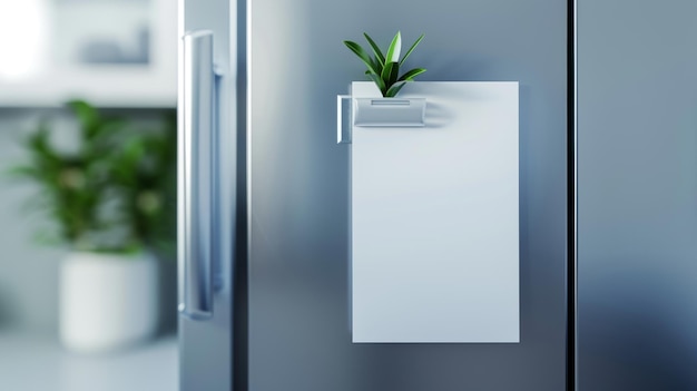 A closeup of a modern fridge door with a sleek design a magnet holding a blank A4 white paper