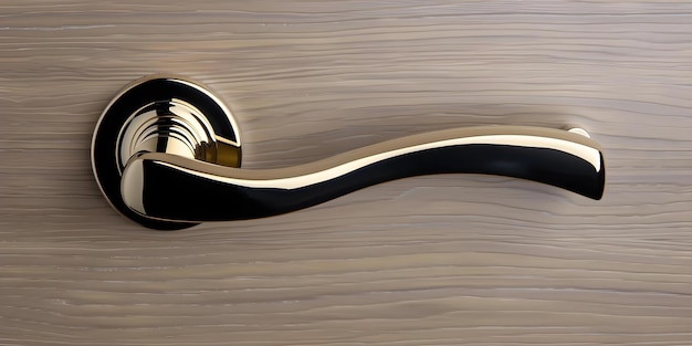 Photo closeup of modern gold chrome door handle on stylish light brown door concept home decor interior design door hardware gold accents elegant architecture