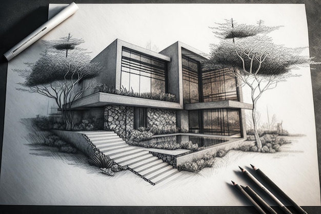 Closeup of modern house pencil sketch with intricate details and lines created with generative ai