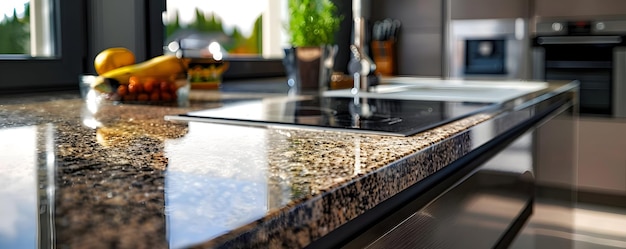 CloseUp of a Modern Kitchen Countertop with a Granite Finish