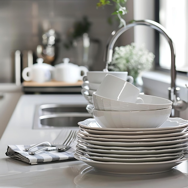 Photo closeup of a modern kitchen with white plates and crockery