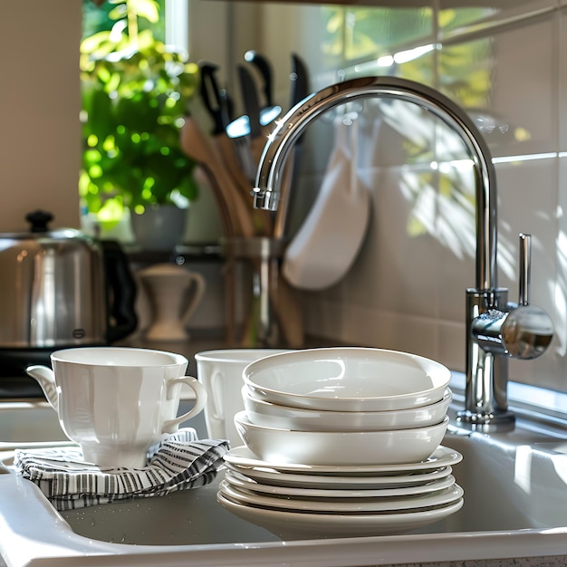 Photo closeup of a modern kitchen with white plates and crockery