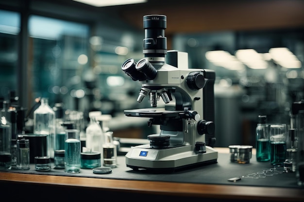 Closeup of a modern medical laboratory with a microscope and test tubes with biochemical substances on the table Science biotechnology microbiology hightech industries concept