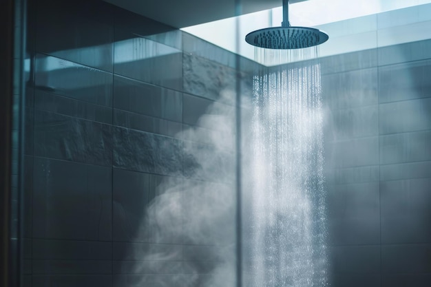 Closeup of a modern showerhead with water cascading down under bright light filling the space with mist and a feeling of freshness and renewal