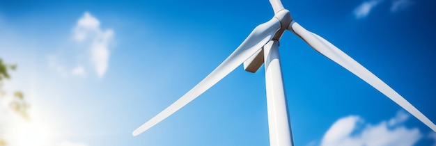 Closeup of a modern windmill for electricity generation against a blue sky Copy space