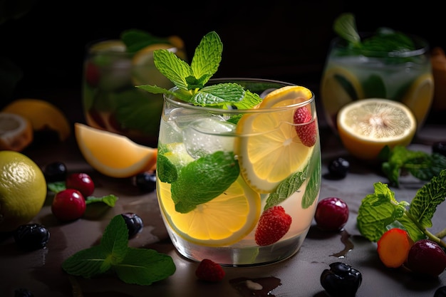 Closeup of a mojito cocktail with mint leaves and colorful fruits visible created with generative ai