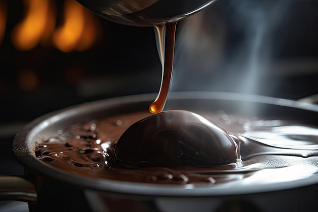 Closeup of molten chocolate with steam rising from the heat